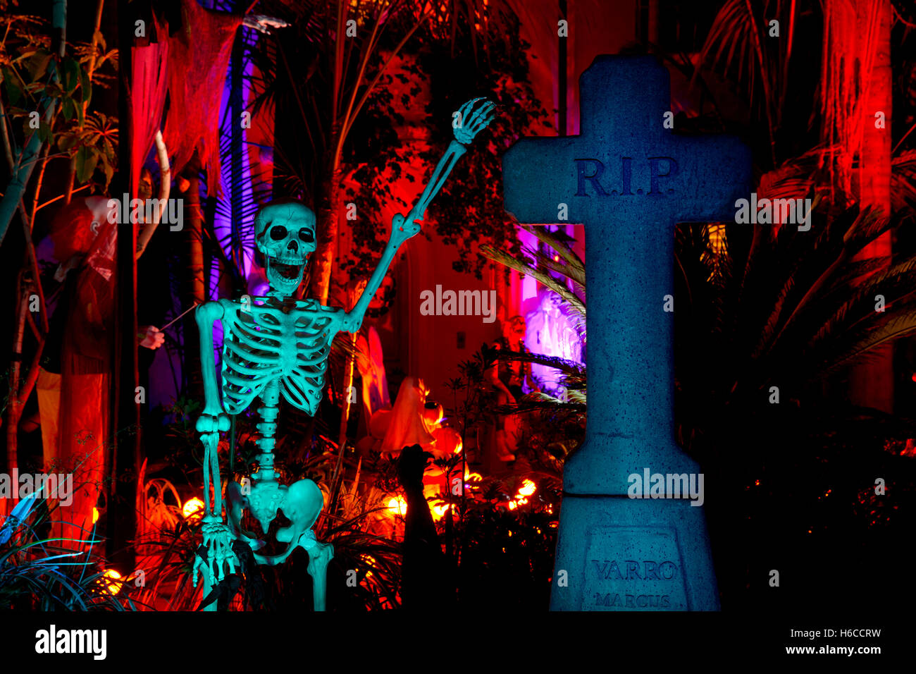 Ein Skelett neben einem Grabstein im Rahmen einer Halloween-Dekoration Stockfoto