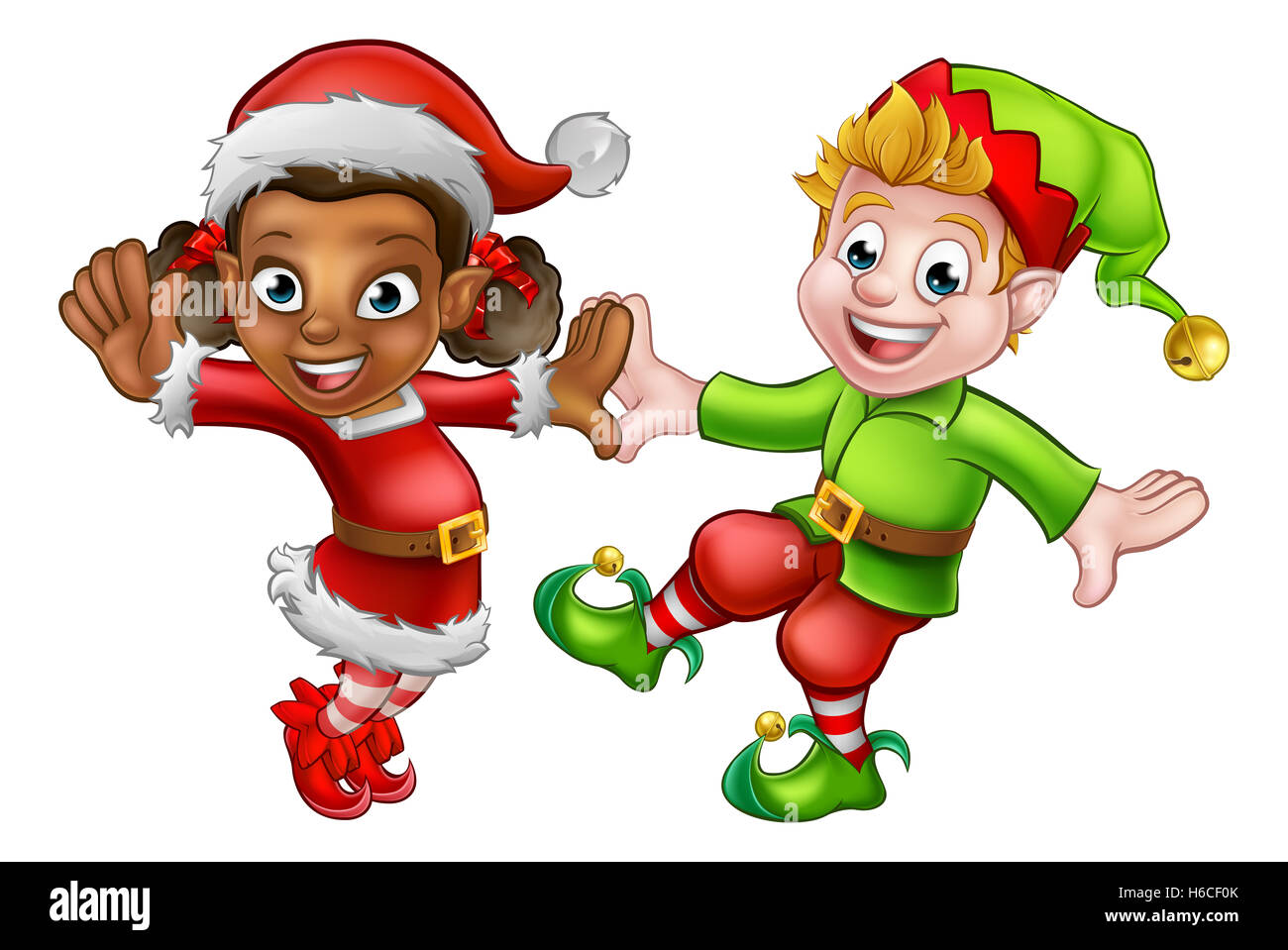 Zwei tanzende cartoon Weihnachtselfen Santas Helferlein Stockfoto
