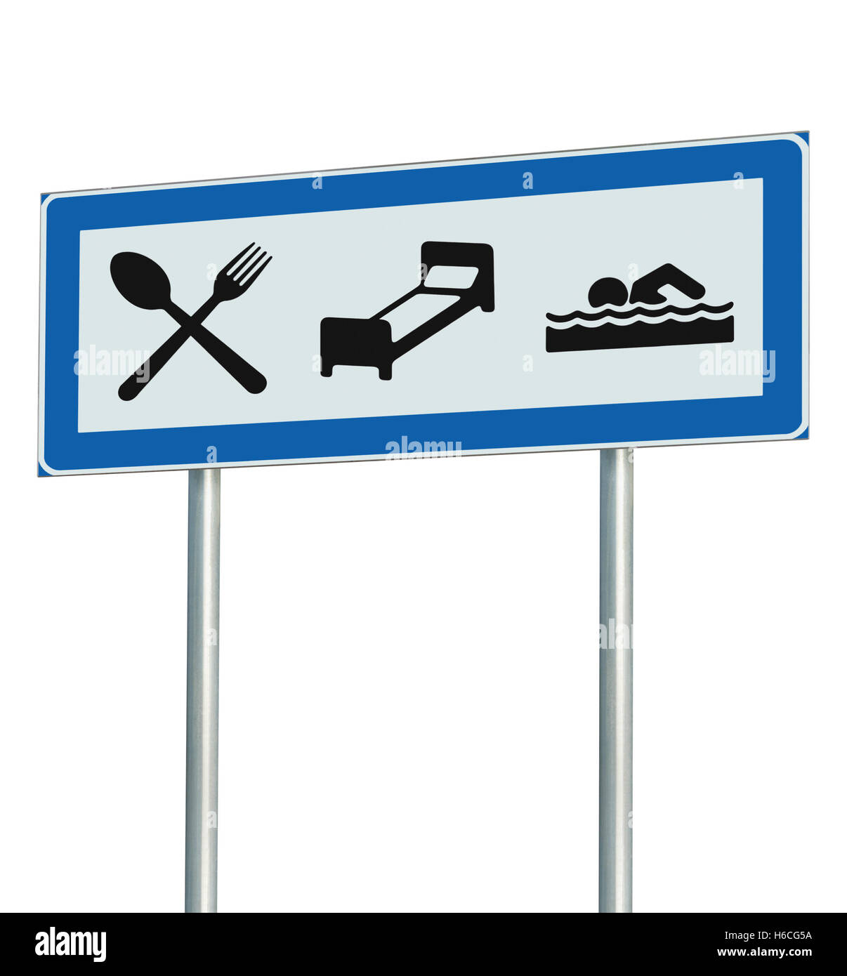 Parkplatz Schild isoliert, Restaurant, Hotel-Motel, Schwimmbad-Symbole, am Straßenrand Signage Pole Post, blau, schwarz weiß Stockfoto