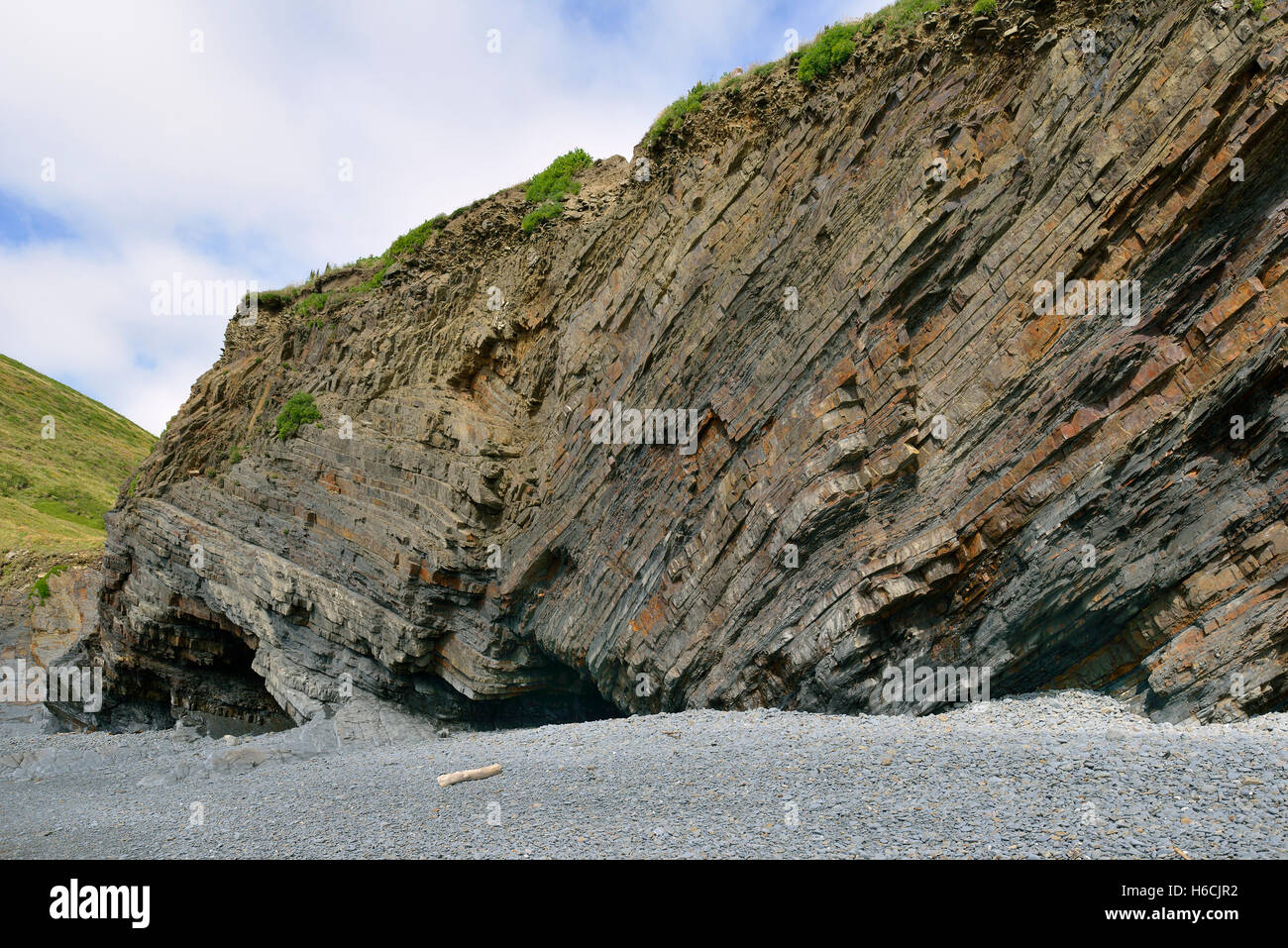 Gefalteten Gesteinsschichten & Höhlen, Welcombe Mund Strand, Hartland Halbinsel North Devon Coast Stockfoto