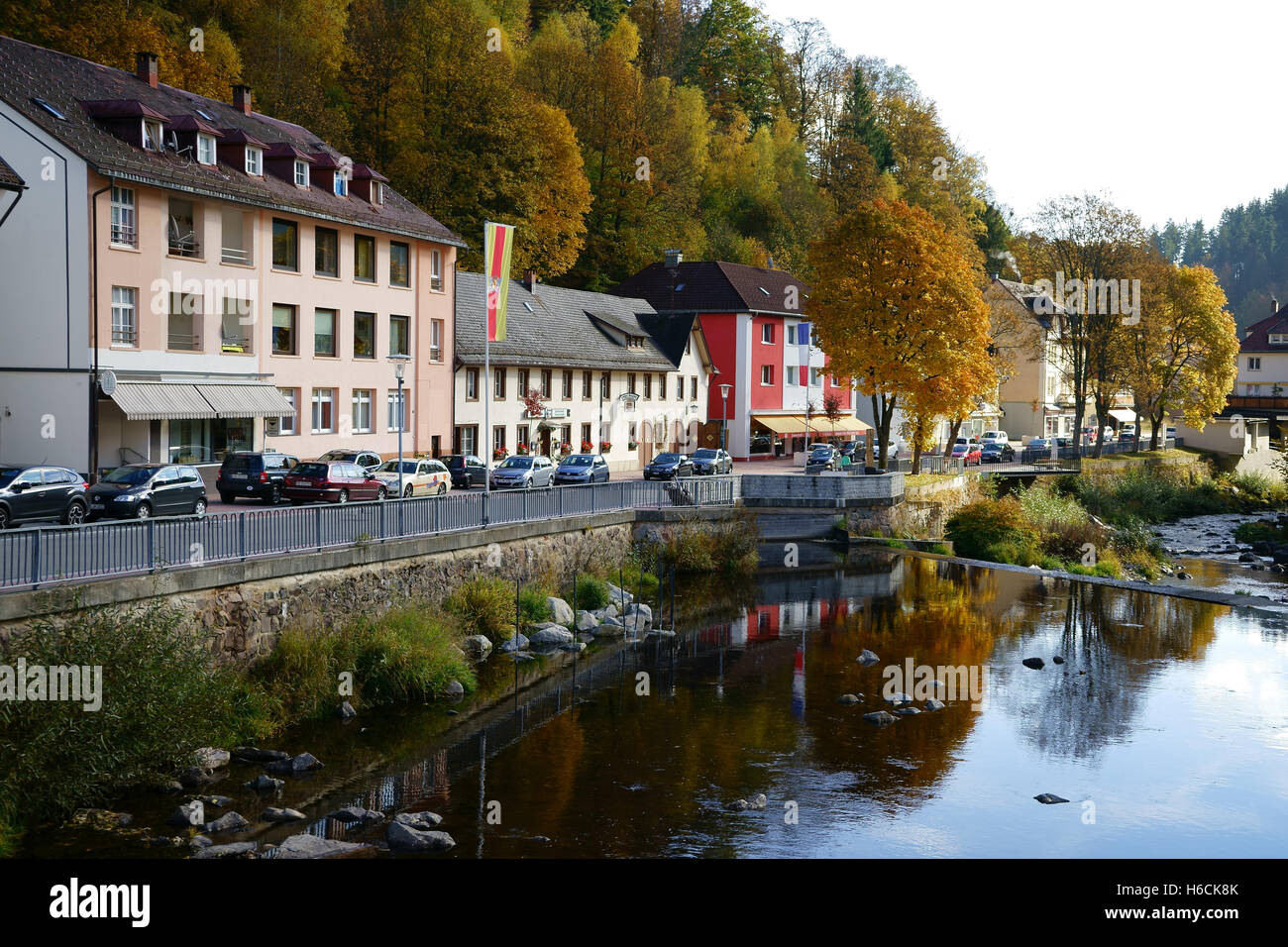 Stadt Sankt Blasien, Ort der Wallfahrt und Alb Fluss, Herbst, Schwarzwald, Deutschland Stockfoto