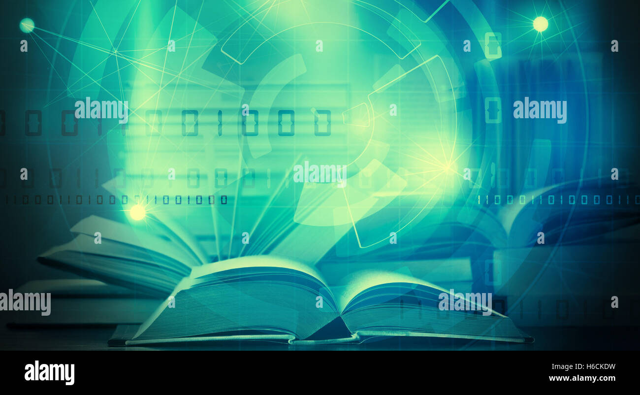 Öffnen Sie digital Ebook mit binären Daten e-Learning-Konzept Stockfoto