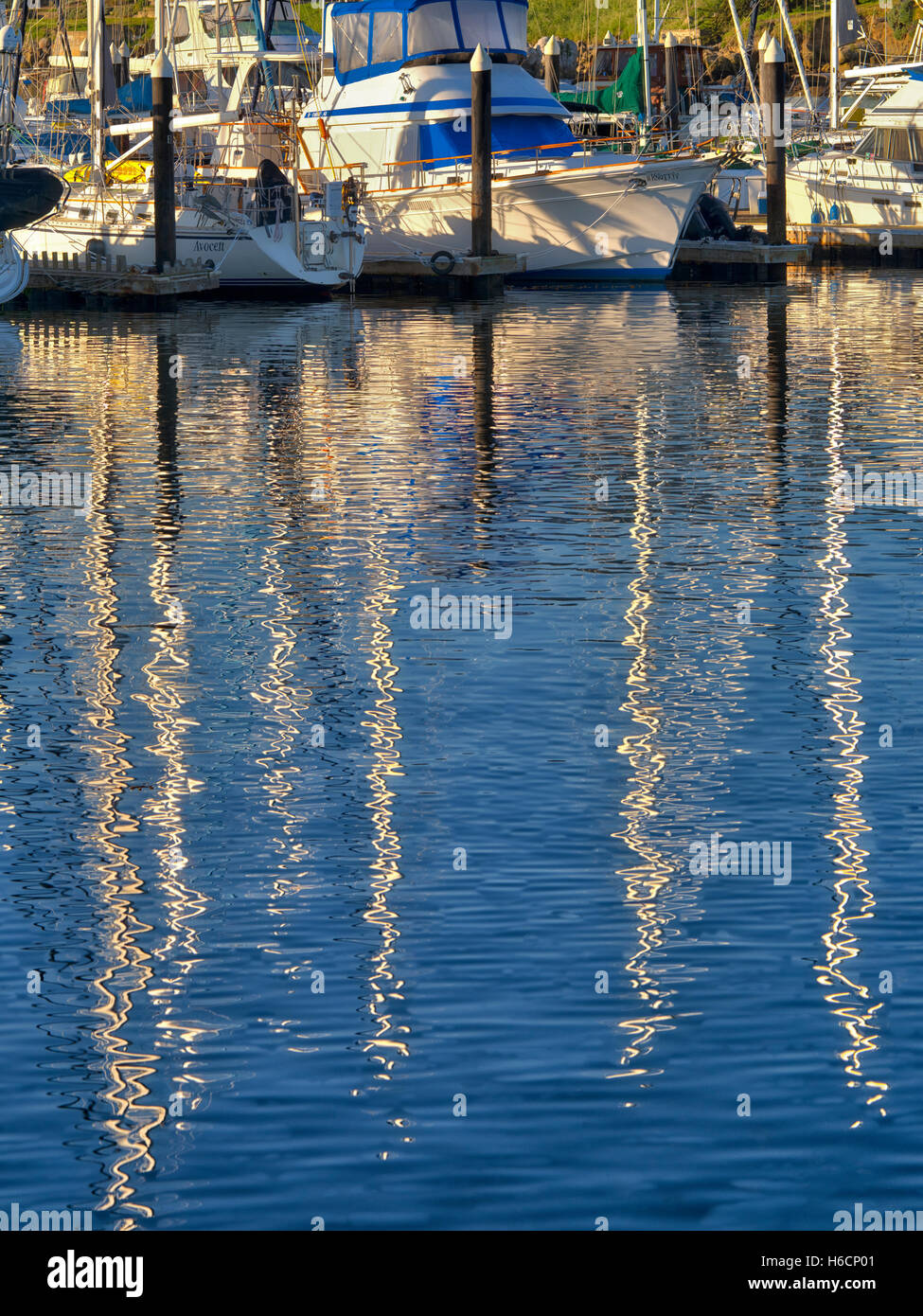 Reflektierte Segeln Masten und Boote bei Monterey Hafen und Marina, Kalifornien Stockfoto