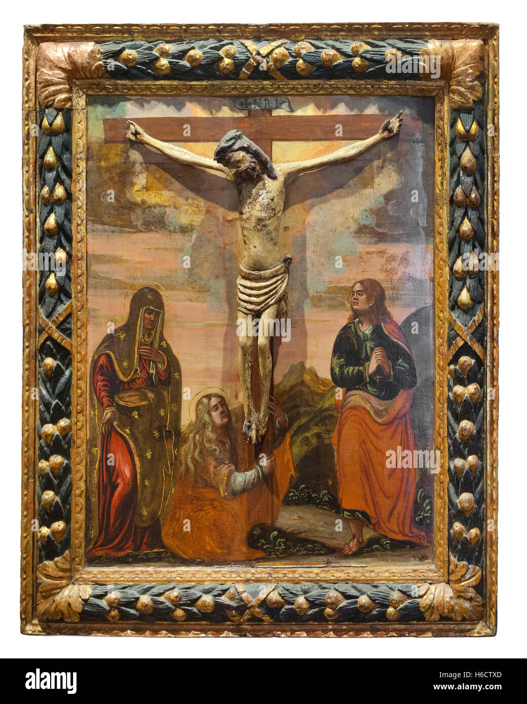 Ikonenmalerei auf Holz der Kreuzigung mit begleitenden jünger Stockfoto