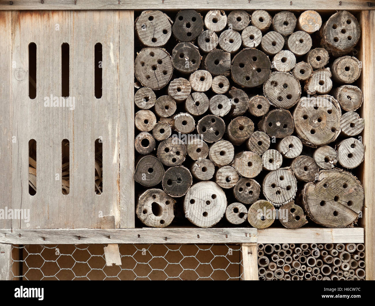 Insektenhotel, Tierwelt Stapel, für die Überwinterung von kleinen Insekten, Erhaltung in Aktion Stockfoto