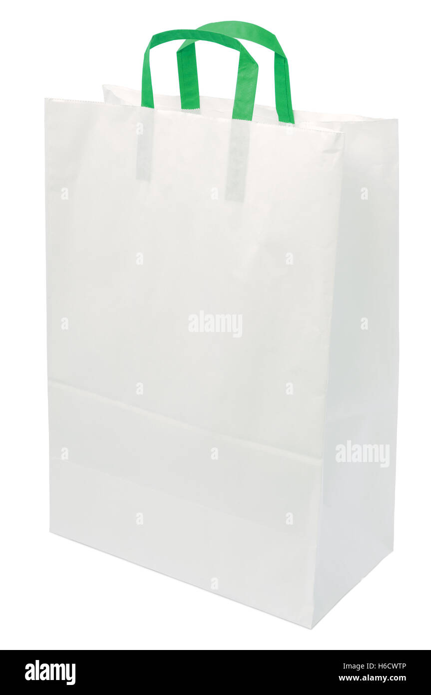 White Paper Bag, grüne Griffe isoliert Closeup Kopie einkaufen Raumkonzept, strukturierte leer leer Textur Hintergrund Stockfoto