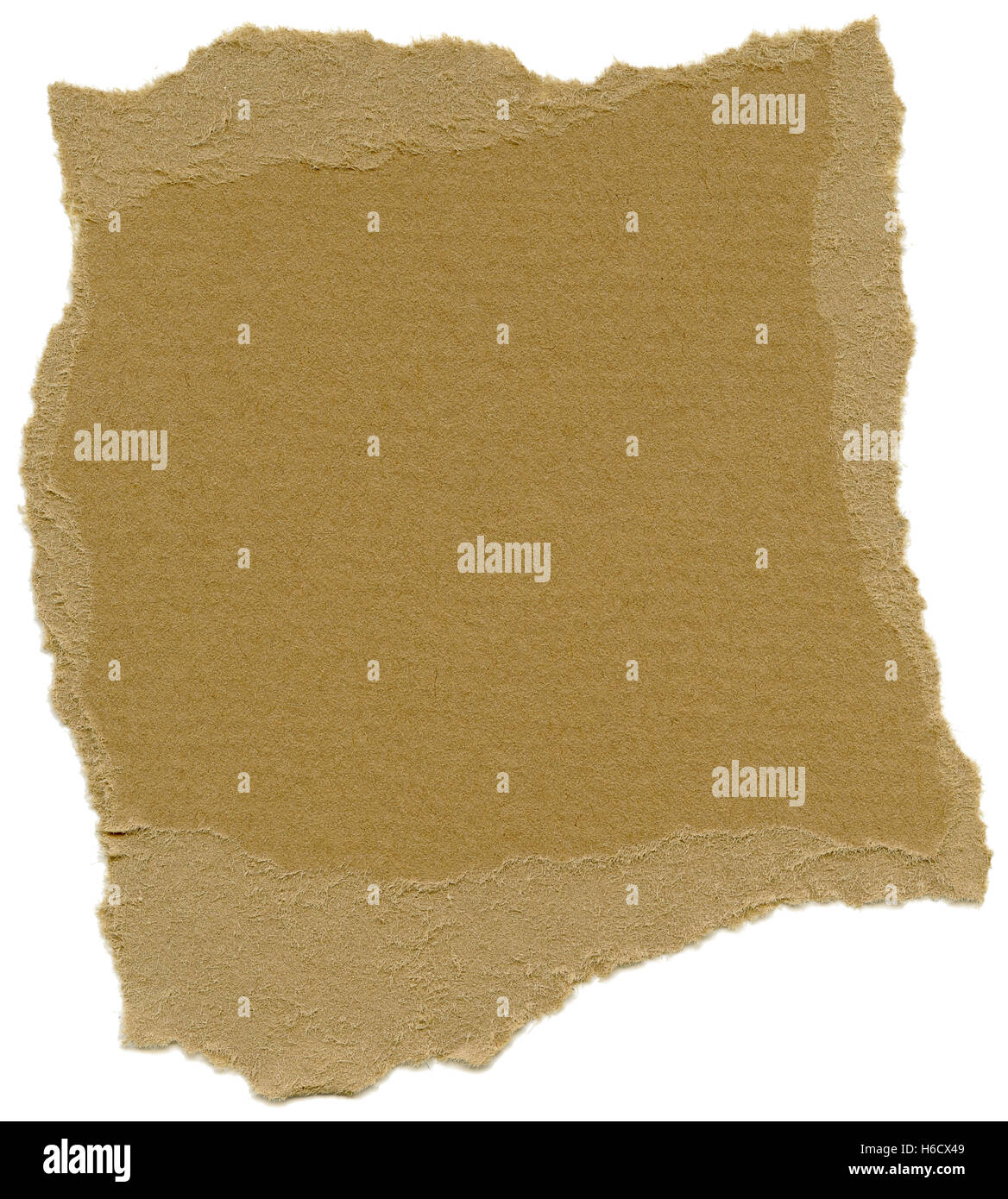 Textur von Kupfer Braun Faserpapier mit zerrissenen Kanten. Isoliert auf weißem Hintergrund. Scannen mit 2400dpi mit einer professionellen danken Stockfoto