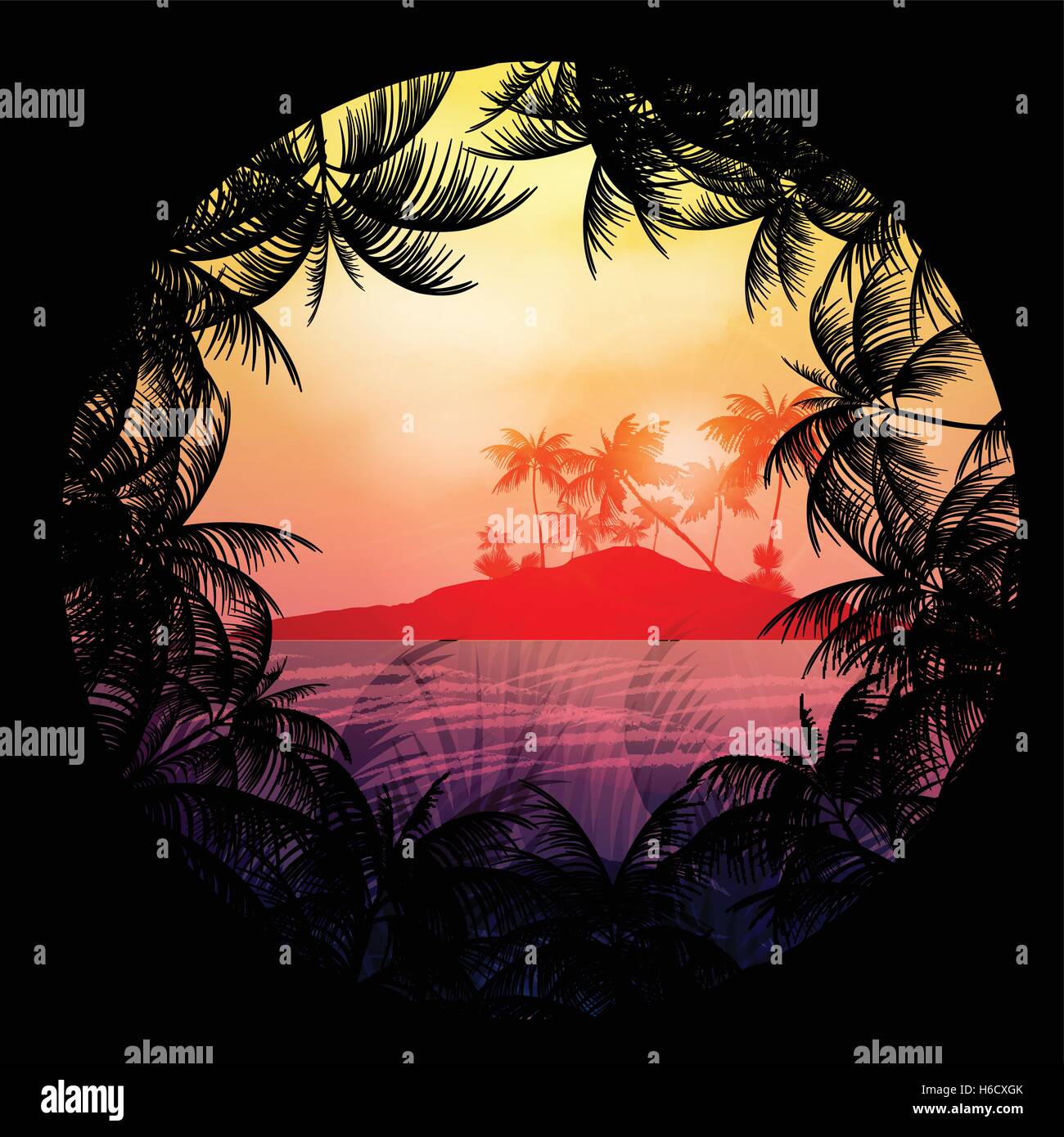 Seaside View Poster mit Tropical Island und Palmen - Vektor-Illustration Stock Vektor Seaside View Poster mit Tropical Island und Palmen - Vektor-Illustration Stock Vektor