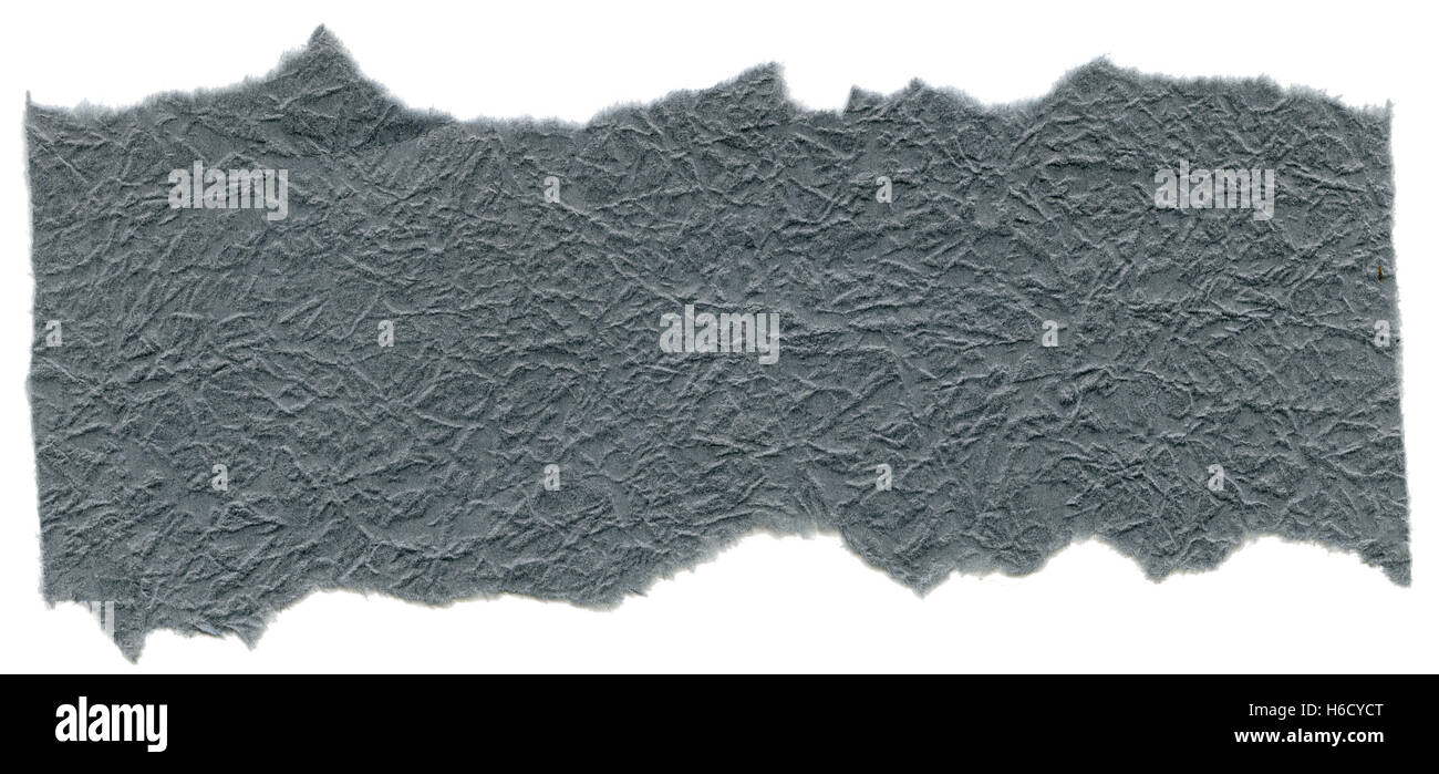 Textur des grauen Reispapier mit zerrissenen Kanten. Isoliert auf weißem Hintergrund. Mit 1600dpi mit einem professionellen Scanner gescannt. Stockfoto