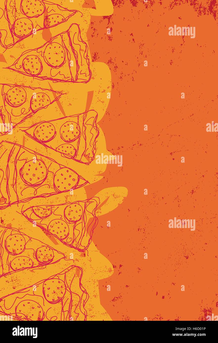 Pizza Slices lückenhaft, handgezeichnete Pizzastücke über einen abstrakten Hintergrund. Stock Vektor