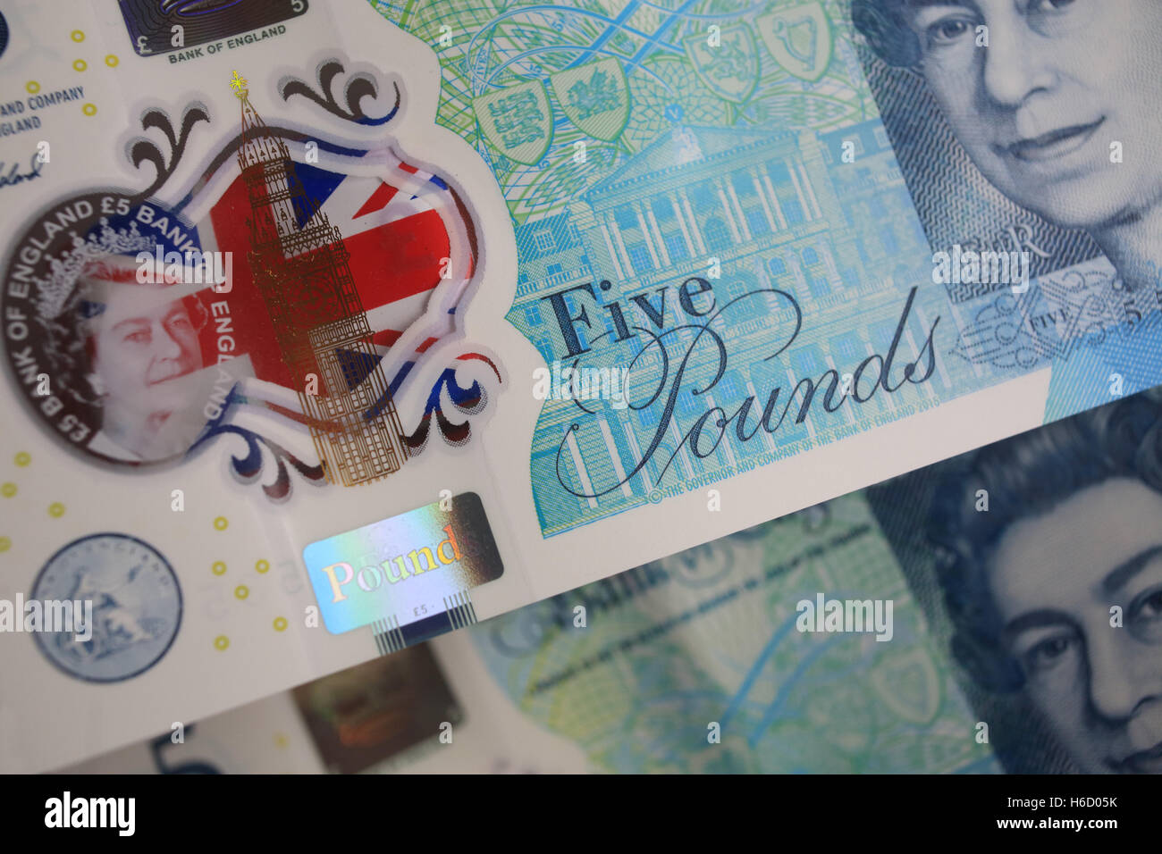 2016 neue Bank of England £5 Kunststoff Hinweis. Stockfoto