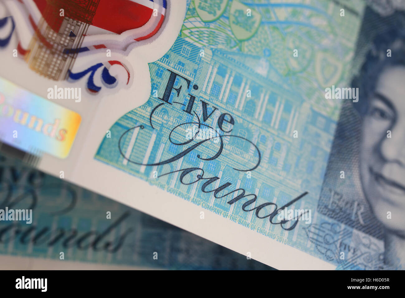 2016 neue Bank of England £5 Kunststoff Hinweis. Stockfoto