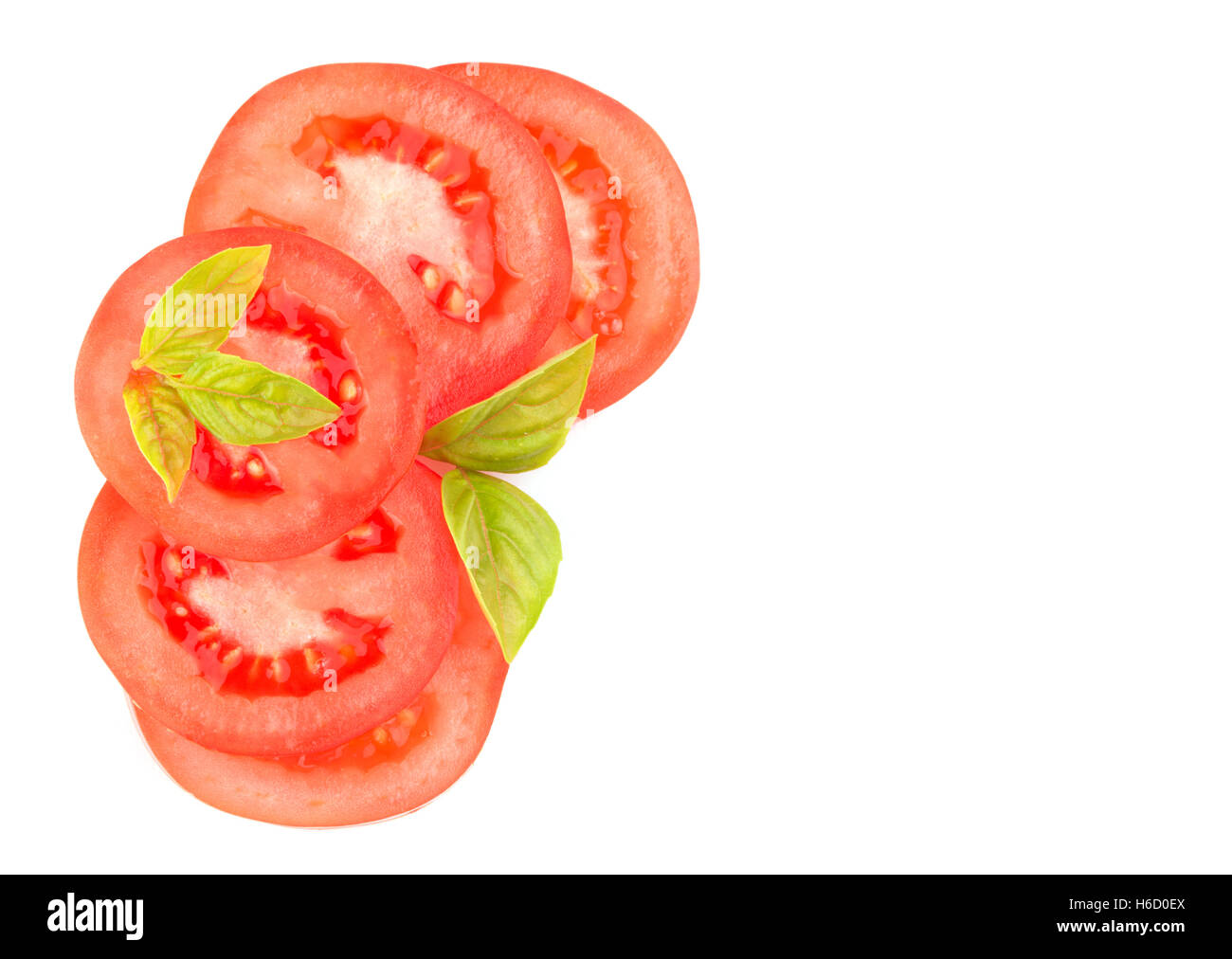 Tomatenscheiben mit Basilikum Blätter, in der Ecke mit Textfreiraum, auf weißem Hintergrund Stockfoto