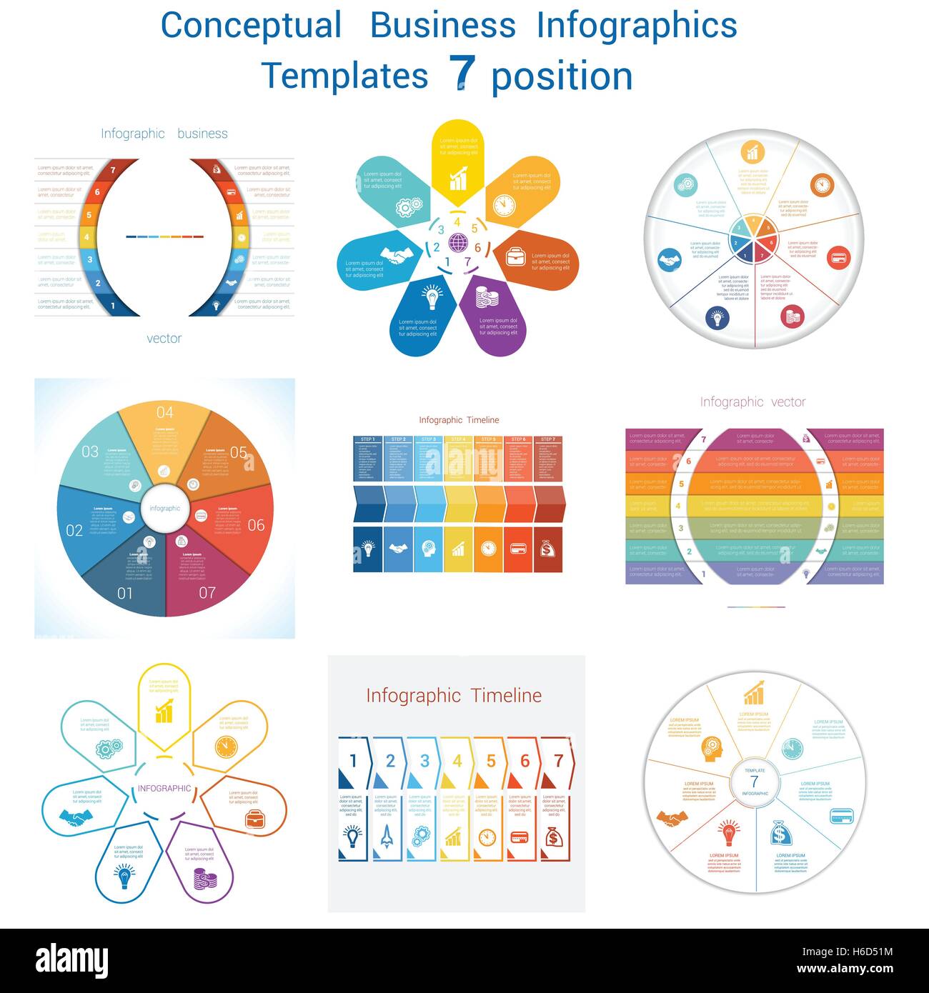 Vektor Vorlagen Infografiken konzeptionelle zyklische Geschäftsprozesse für sieben Positionen Textbereich eingestellt Stock Vektor