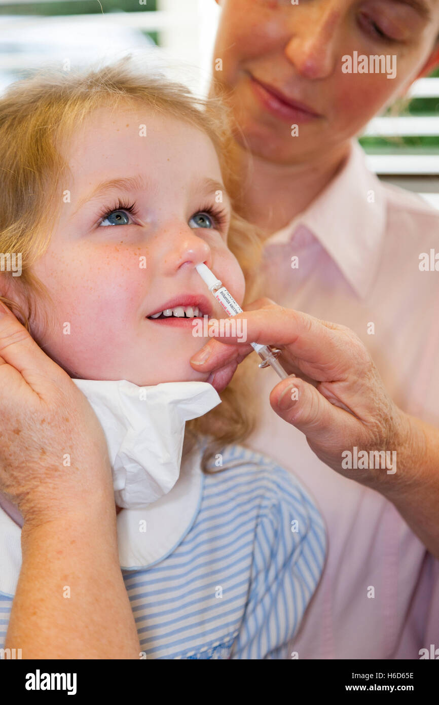 4 Jahre altes Kind mit ihrer Mutter / Mutter, erhält Dosis der Fluenz Grippe-Impfstoff Nasenspray Immunisierung von NHS Practice Nurse UK Stockfoto