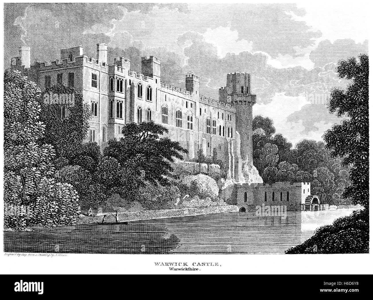Eine Gravur des Warwick Castle, gescannt mit hoher Auflösung aus einem Buch, gedruckt im Jahre 1812 Warwickshire. Kostenlos copyright geglaubt. Stockfoto