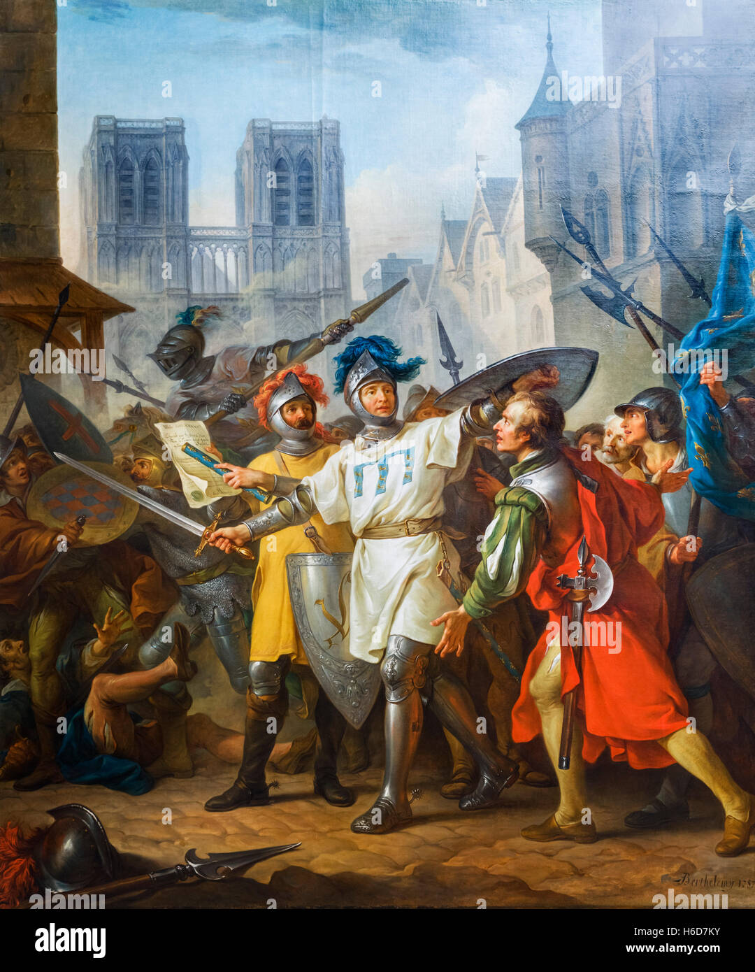 Die Rückeroberung von Paris aus dem englischen (La Reprise de Paris Sur Les Anglais) von Jean-Simon Berthelemy, Öl auf Leinwand, 1787. Während des Hundertjährigen Krieges besetzten die Engländer Paris von 1418 bis 1436. Dieses Gemälde, ein Auftragswerk der Comte d'Angivillier, zeigt die französische Armee, die Rückeroberung der Stadtzentrums am 13. April 1436. Stockfoto