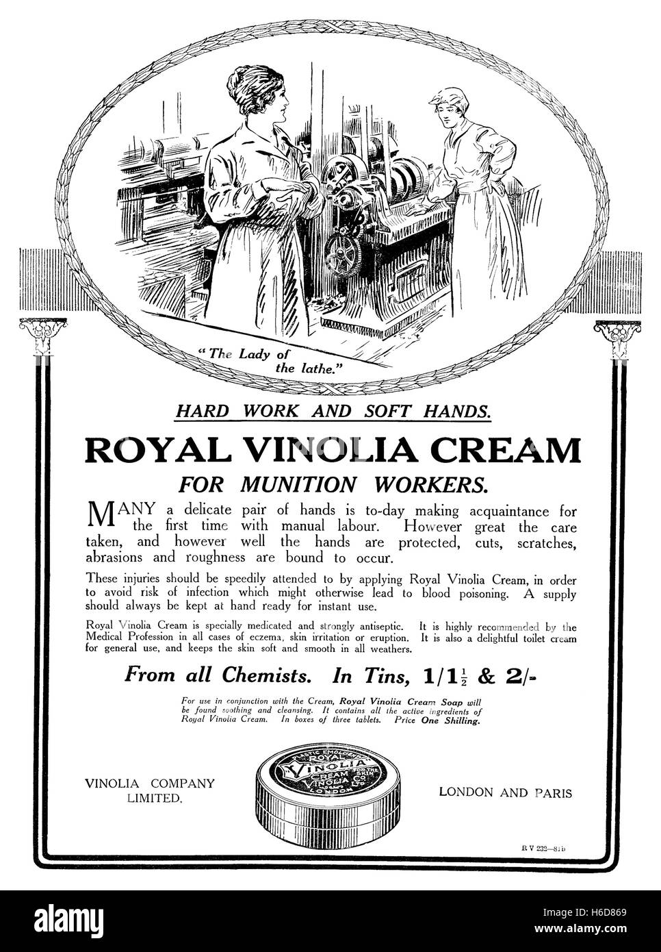 1917 britische Werbung für Royal Vinolia-Creme Stockfoto