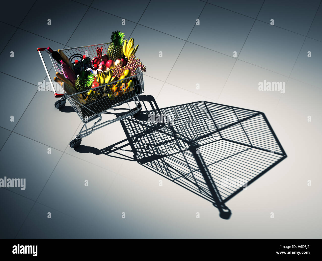 Shopping Cart Cast Schatten auf dem Boden als leeren Einkaufswagen voll. 3D Illustration. Stockfoto