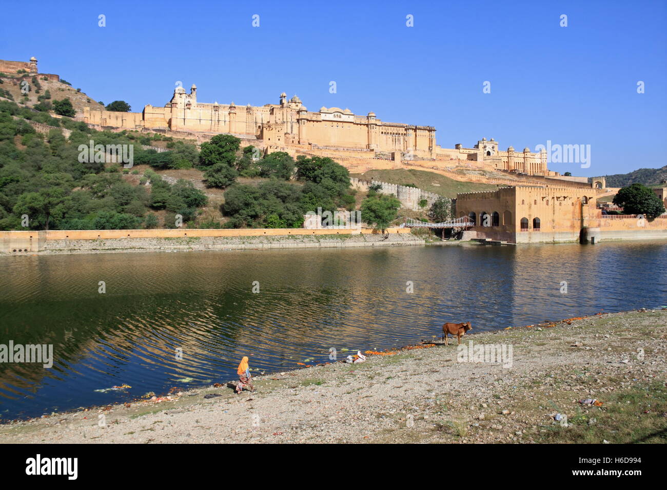 Maota See, Amer (oder Amber) Fort, Amer, Jaipur, Rajasthan, Indien, indischer Subkontinent, Südasien Stockfoto