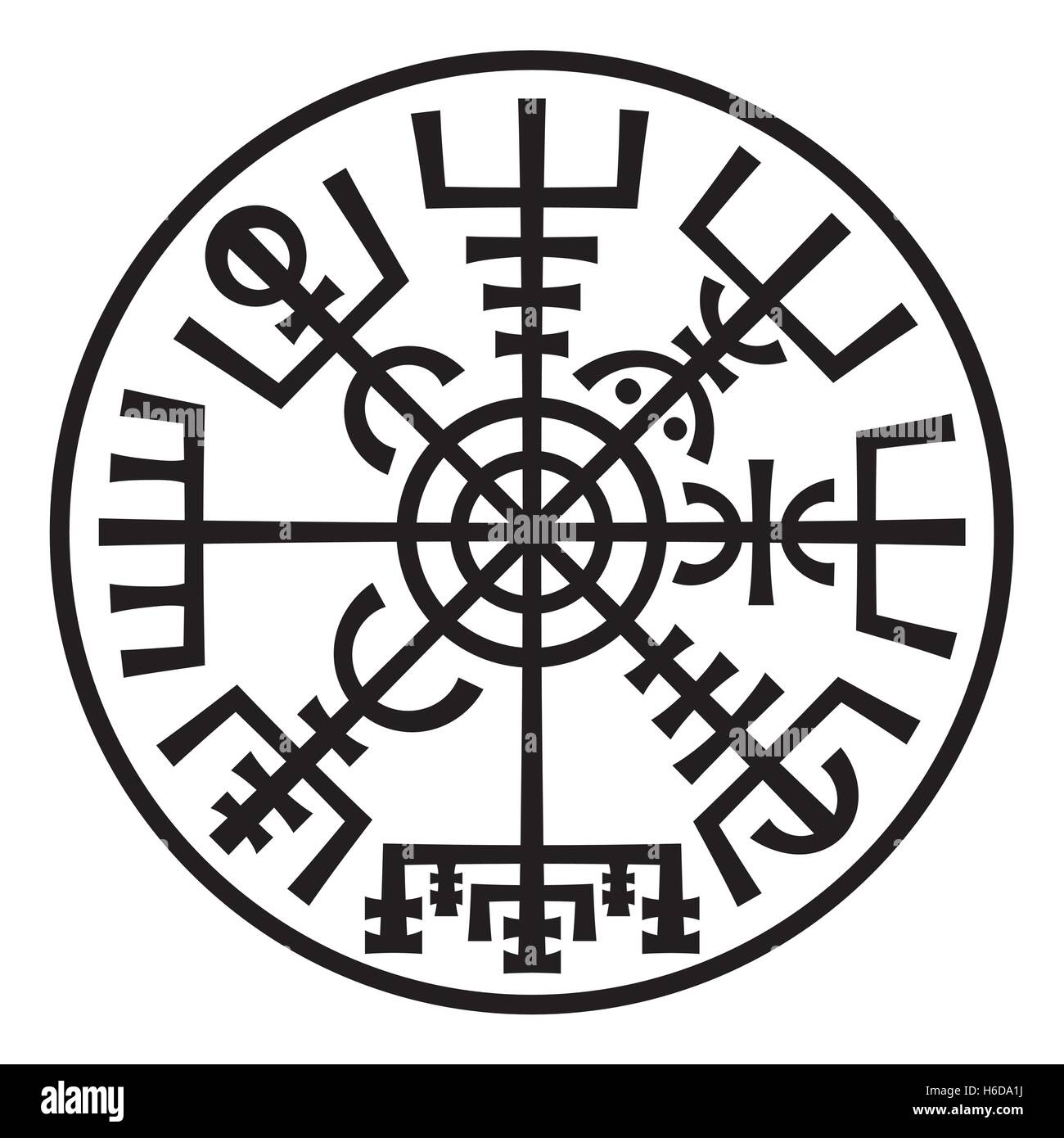«Vegvisir». Der magische Navigation Kompass der Wikinger. Runescript aus mittelalterlichen Manuskript-Buch. Talisman für Straße und der guten Reise Stock Vektor
