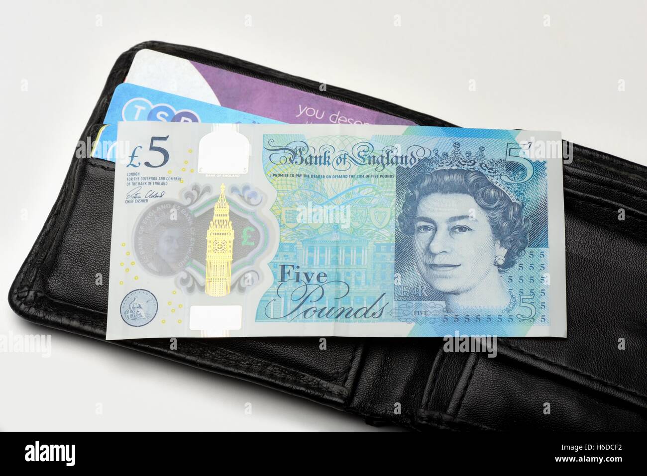 Eine Polymer-Bank von England, fünf Pfund in einer Geldbörse Stockfoto