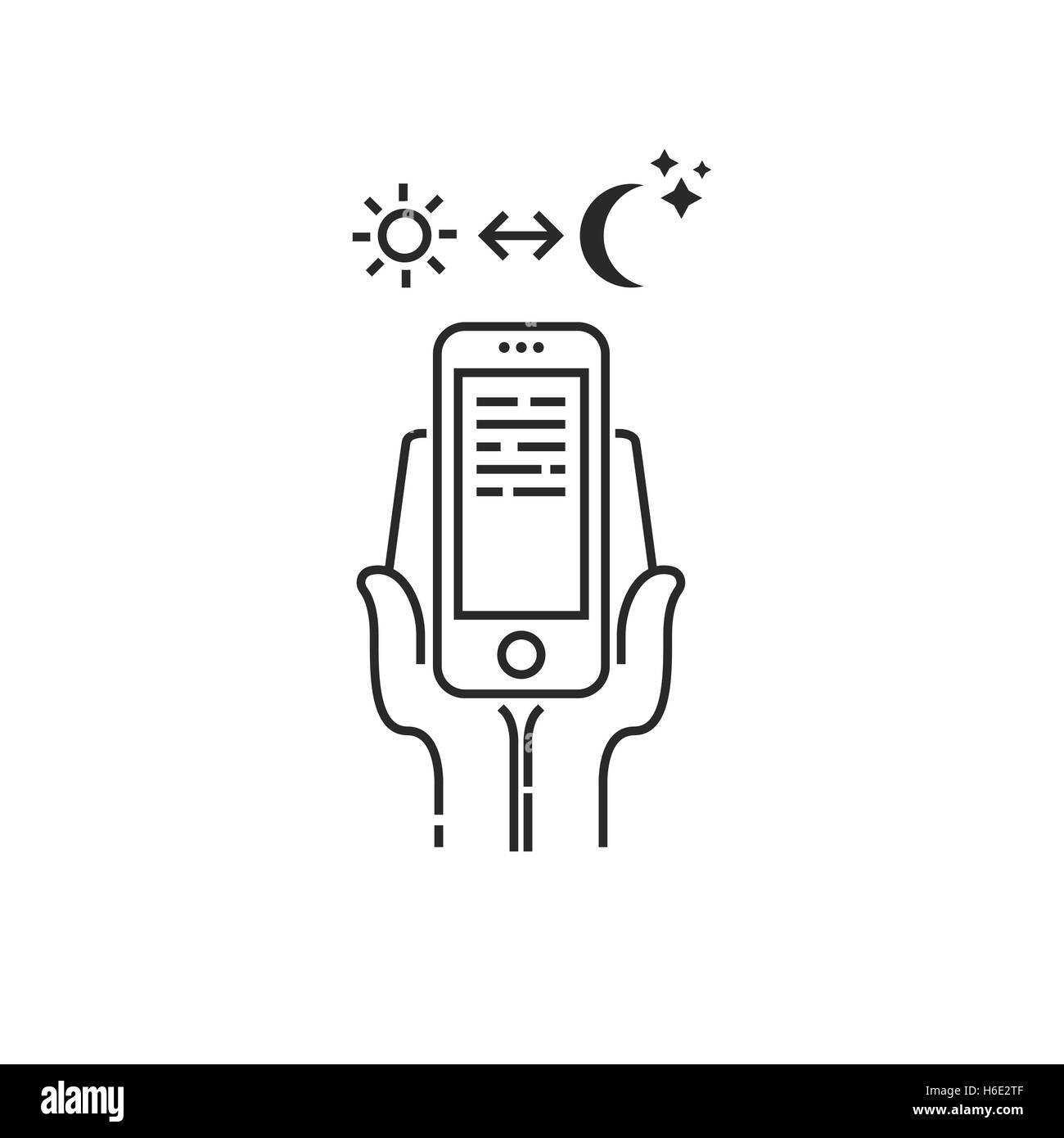 Konzeptionelle moderne Ikone von dünnen Linien Tag und Nacht Smartphone Abhängigkeit. Smartphone in der Hand Tag und Nacht Stock Vektor