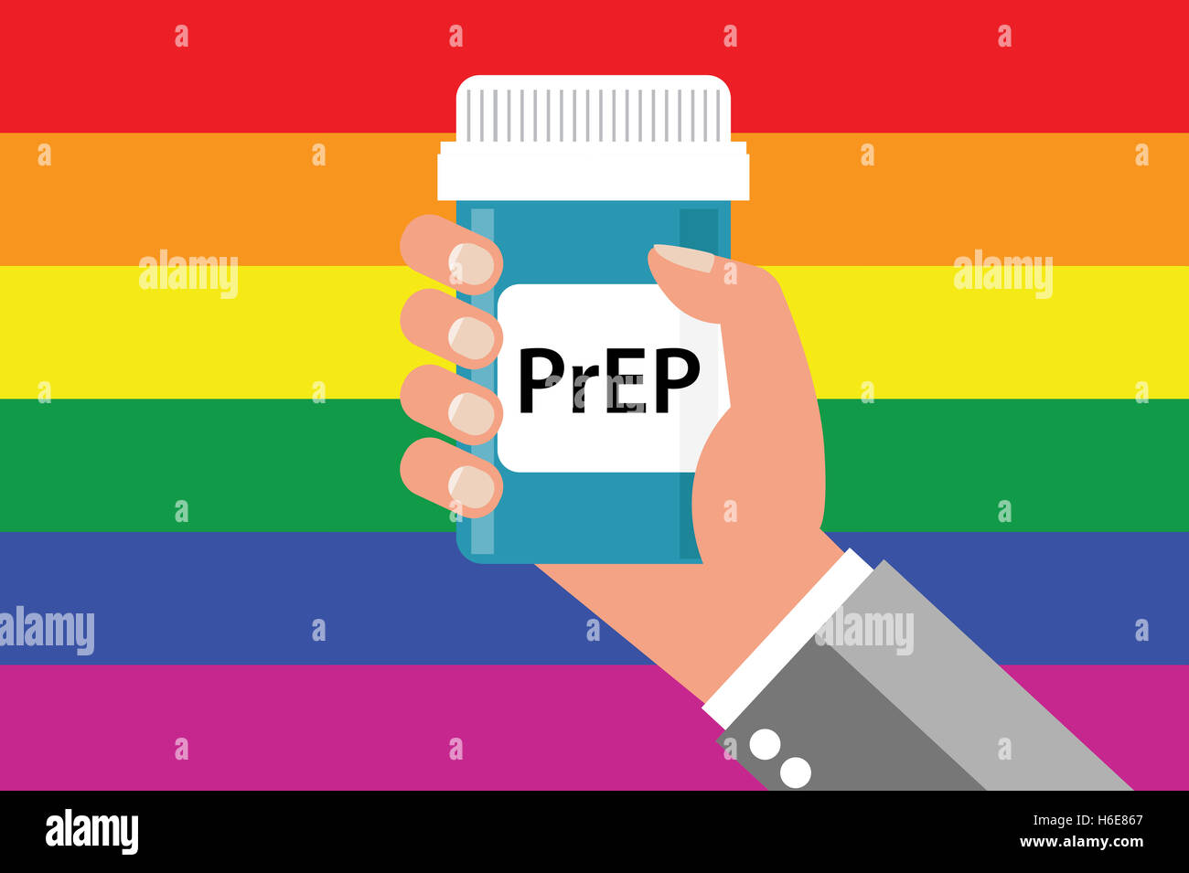 Pille Flasche über Gay Flag Label "PrEP" (Vorbelichtung Prophylaxe). PreP Behandlung wird verwendet, um zu verhindern, dass die HIV-Infektion Stockfoto