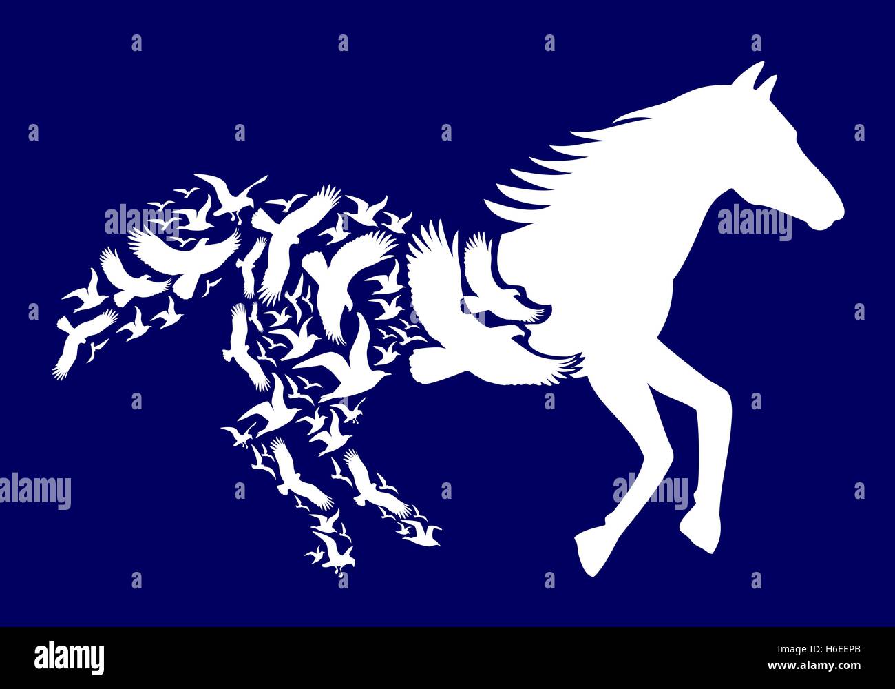 Weißes Pferd mit fliegenden Vögel auf dunkelblauem Hintergrund, Vektor-illustration Stock Vektor