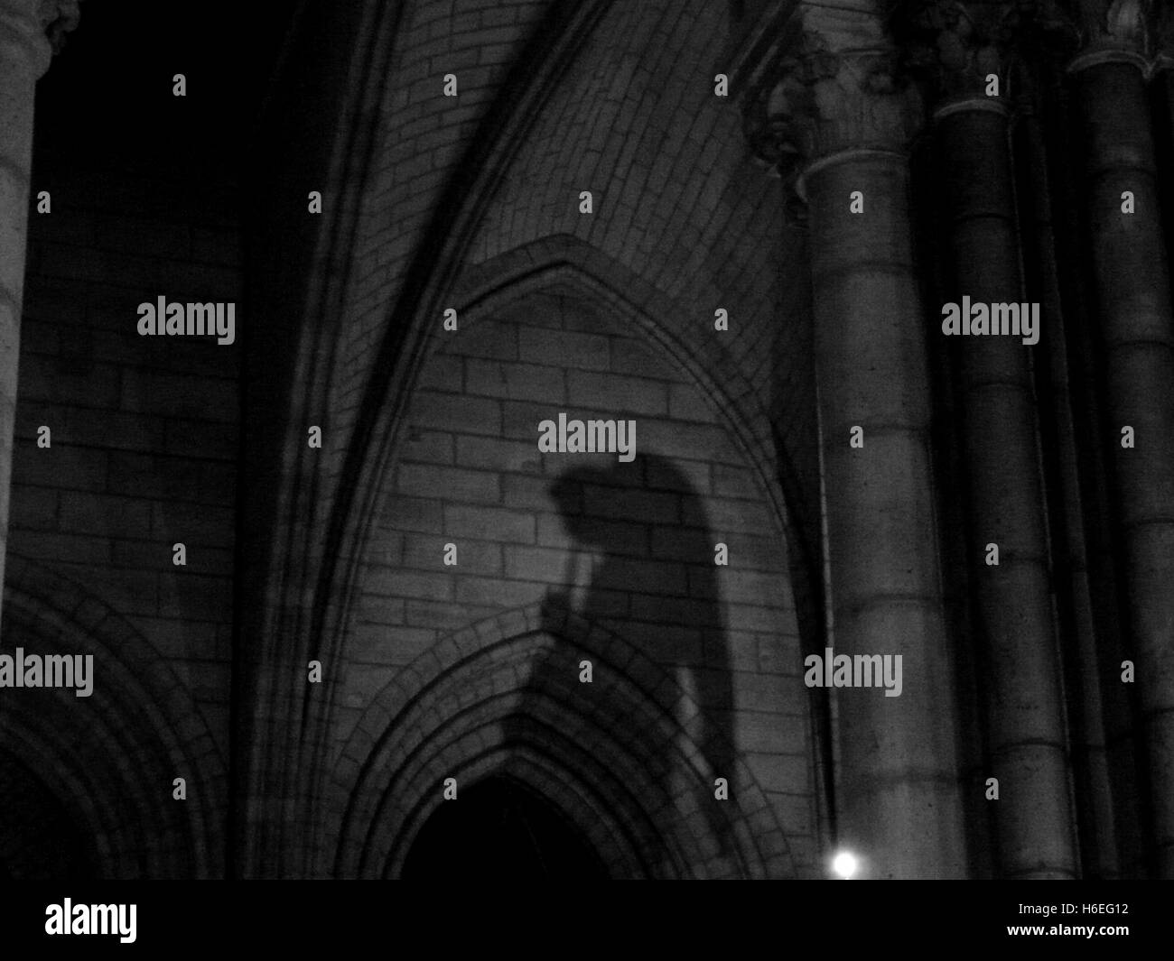 Schatten einer geflügelten Statue in einer gotischen Kirche Stockfoto