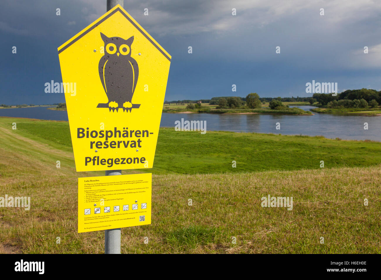 Zeichen der Elbe-Flusslandschaft UNESCO Biosphäre reservieren im Sommer, Niedersachsen, Deutschland Stockfoto