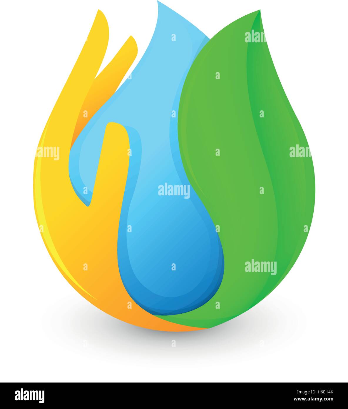 Isolierte abstrakte blauen Wassertropfen umgeben von Palmen und grünen Blatt Logo. Natürliche reine flüssige Schriftzug. Frische Getränke-Symbol. Tau-Zeichen. Wasser Tropfen Vektorgrafik. Stock Vektor