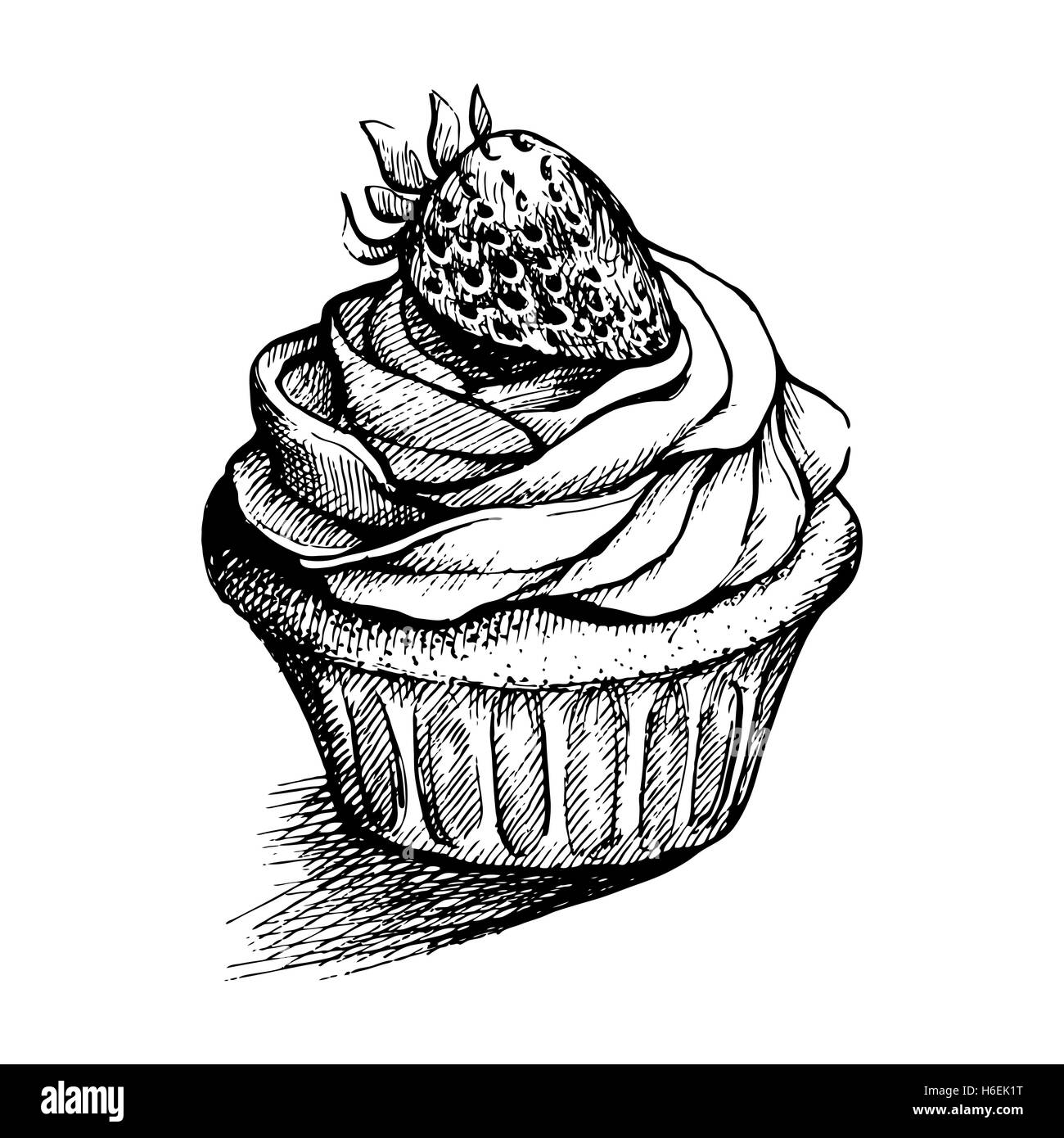 Vektor schwarz-weiß Skizze Abbildung der süßen Creme süßen Cupcake Wit Erdbeere. eignet sich für Grußkarten oder party ich Stock Vektor