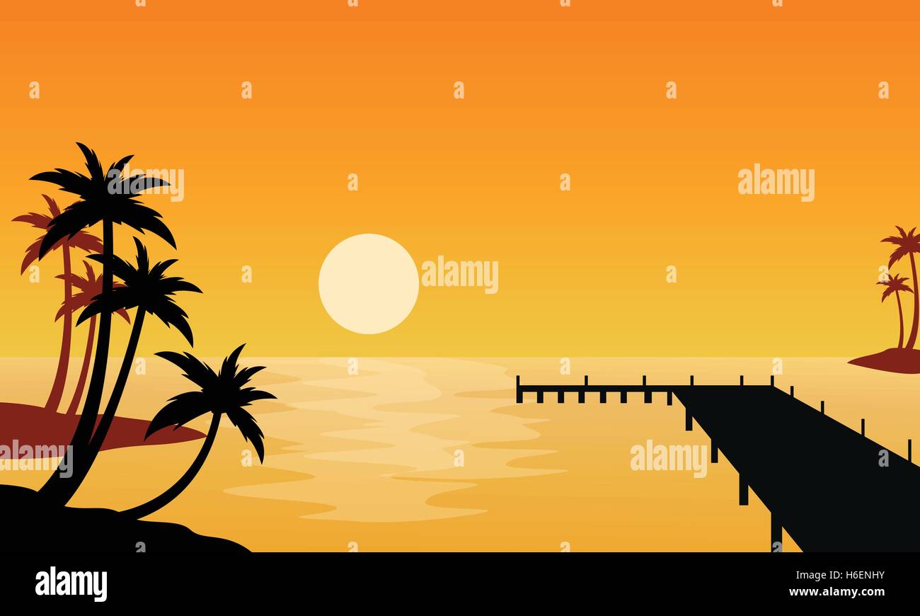 Silhouette der Büschel Palmen direkt am Meer bei Sonnenuntergang Stock Vektor