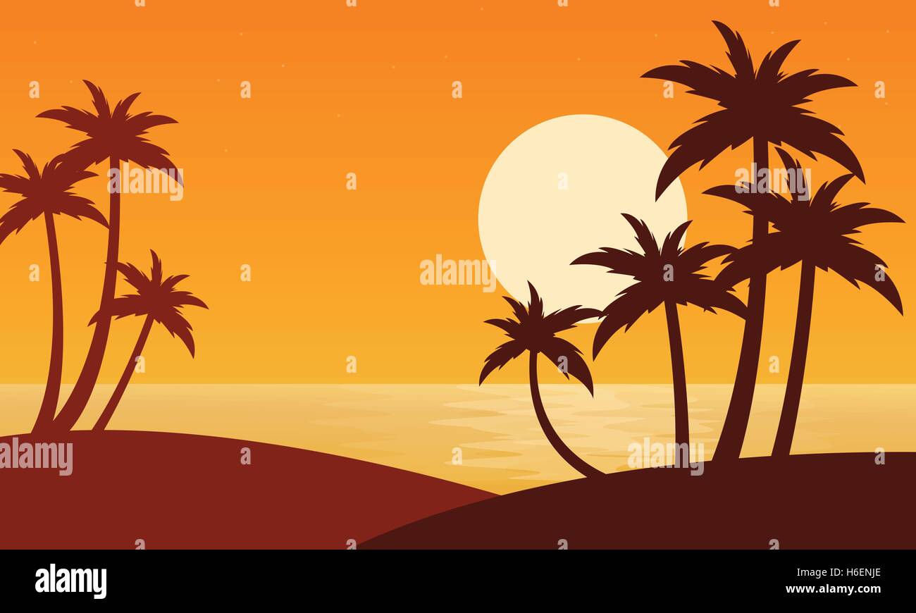 Silhouette von zwei Büschel Palm auf Landschaft am Meer Stock Vektor