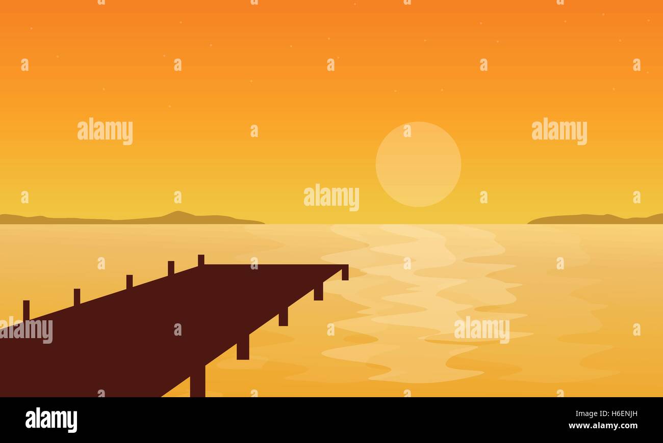 Silhouette der Pier am Sonnenuntergang Landschaft-Vektor-illustration Stock Vektor