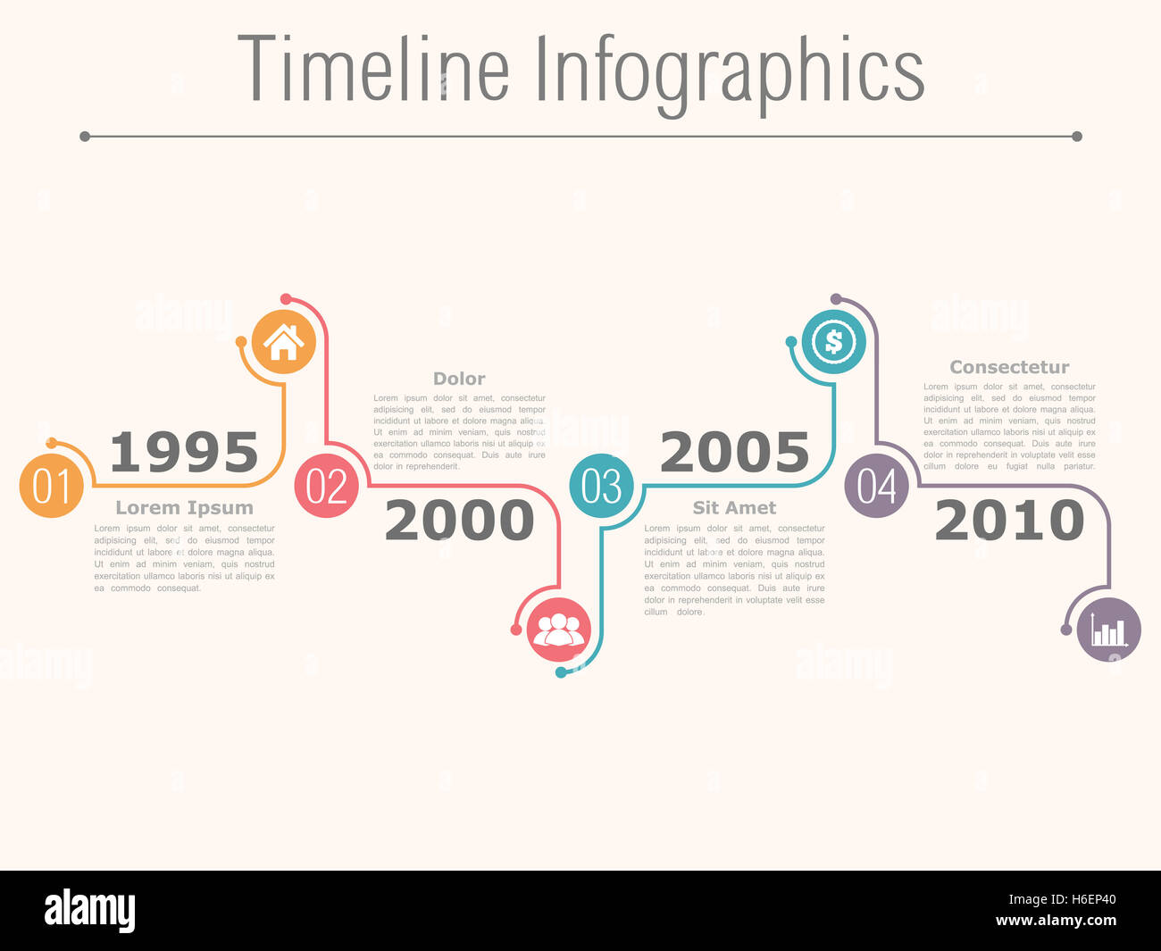 Timeline-Infografiken Designvorlage mit Zahlen, Symbolen, Termine und Ort für Ihren text Stockfoto