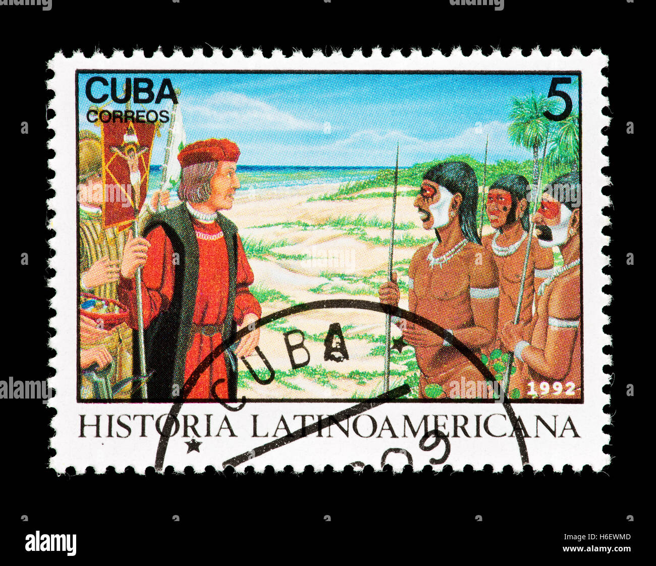 Briefmarke aus Kuba Darstellung Christopher Columbus treffen Eingeborenen. Stockfoto