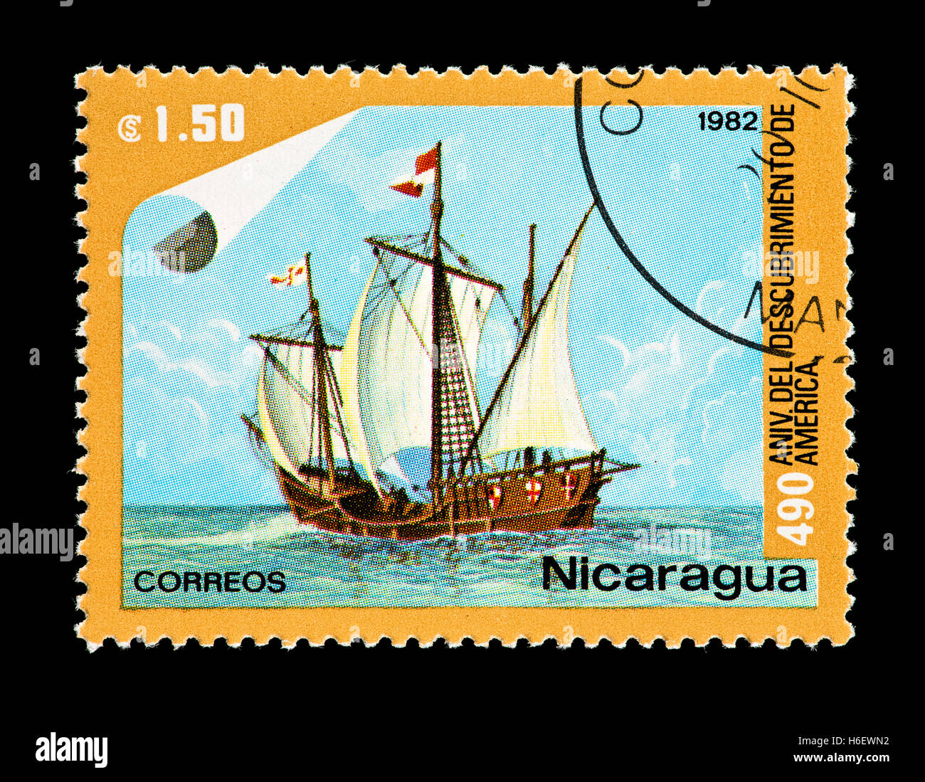 Briefmarke aus Nicaragua, die Darstellung der Pinta, Schiffe eines Kolumbus ursprünglich drei. Stockfoto