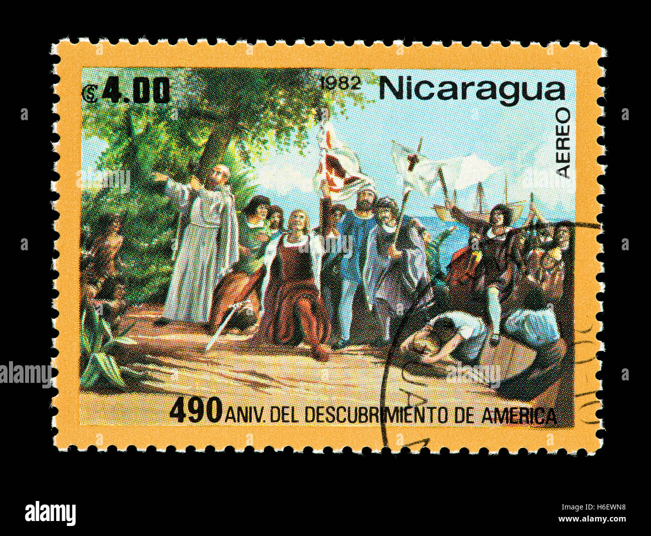 Briefmarke aus Nicaragua, die Darstellung der Landung von Kolumbus in der Karibik. Stockfoto