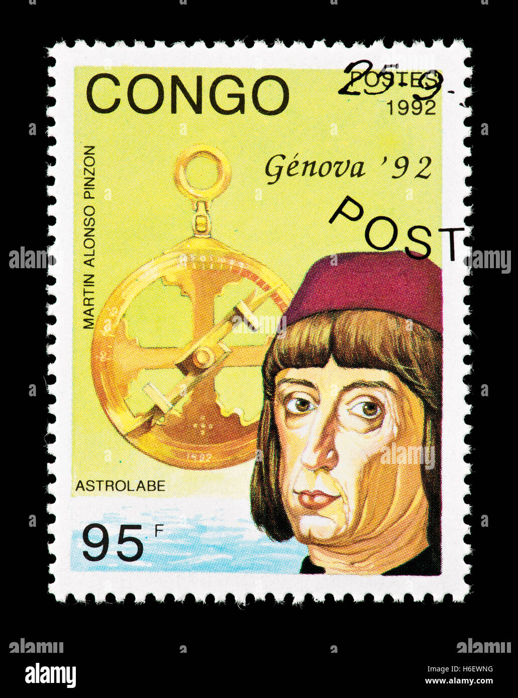 Briefmarke aus dem Kongo, Martin Alonso Pinzon, Kapitän der Pinta und ein Astrolab darstellen. Stockfoto