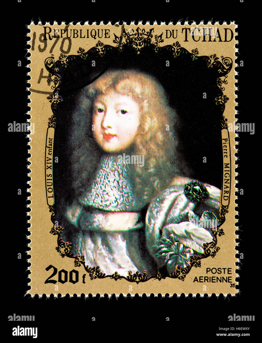 Briefmarke aus dem Tschad, das Pierre Mignard Gemälde von Louis XIV als Kind darstellen. Stockfoto
