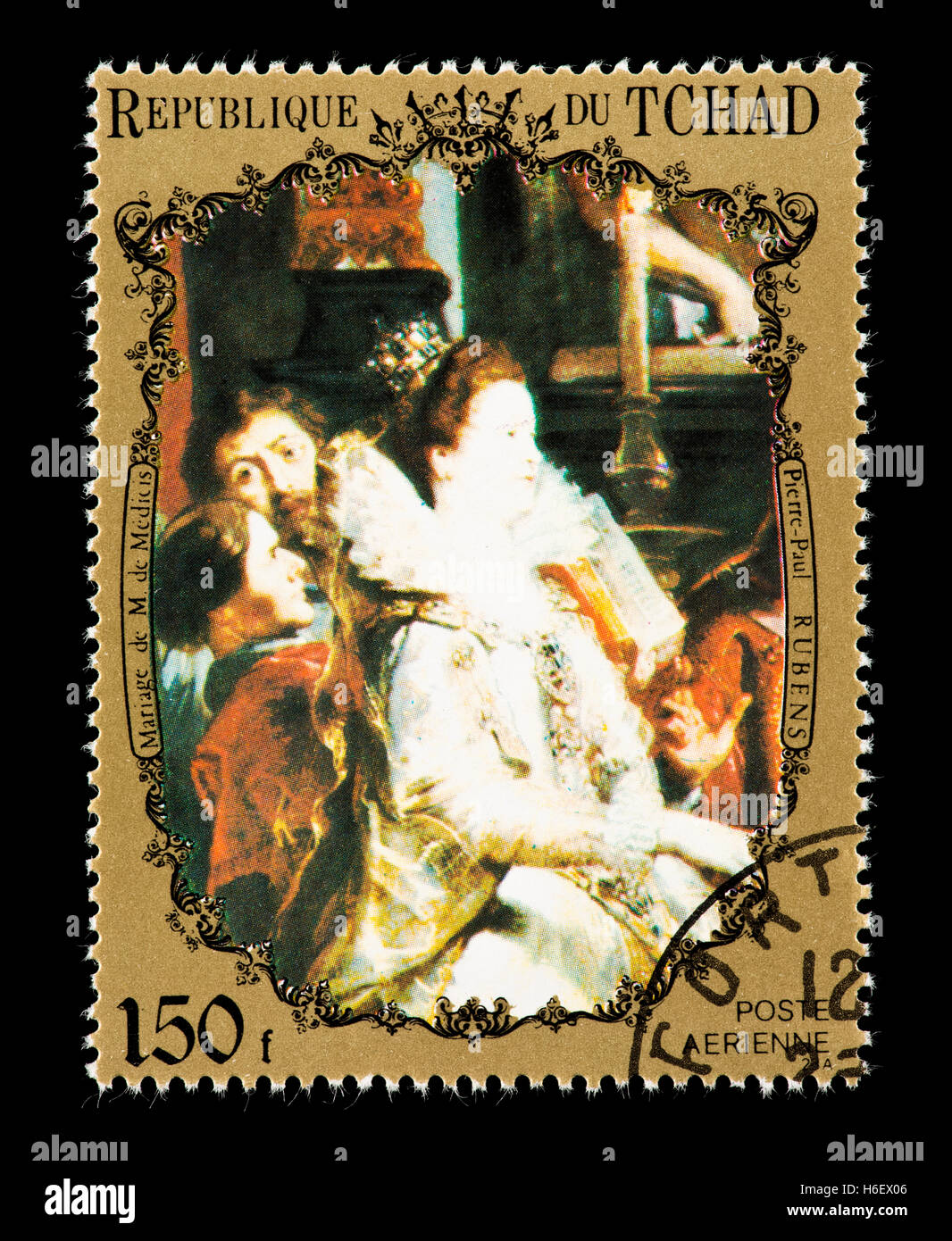 Briefmarke aus dem Tschad, die Darstellung eines Rubens Gemälde "Ehe von Marie de Medici" Stockfoto