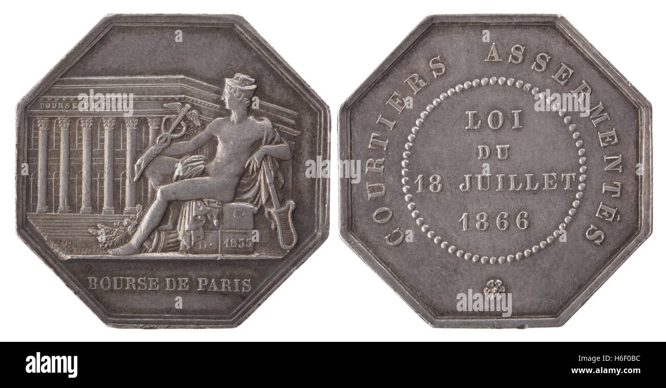 Silvers-Token, Hermes, Paris Börsenmakler. Frankreich, Napoleon III (1852-1871), isoliert auf weiss Stockfoto
