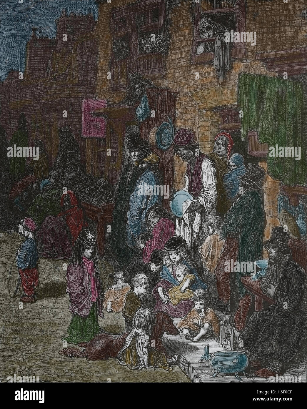 Vereinigtes Königreich. London. Whitechapel. Nachbarschaft der Arbeiterklasse. Gravur von Gustave Dore, London; Eine Pilgerreise. 19. Jh. Stockfoto
