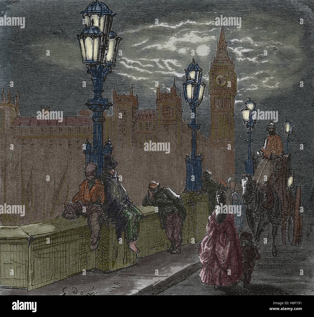 Vereinigtes Königreich. London. Viktorianische Embankment. Kupferstich von Dore, 19. c. Farbe. Stockfoto
