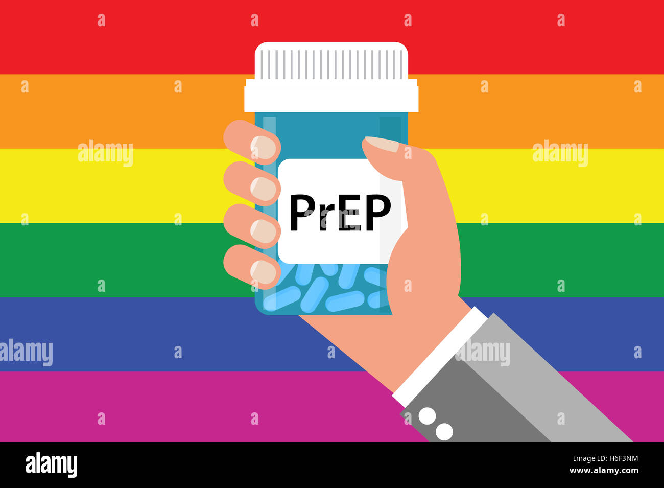 Pille Flasche über Gay Flag Label "PrEP" (Vorbelichtung Prophylaxe). PreP Behandlung wird verwendet, um zu verhindern, dass die HIV-Infektion Stockfoto