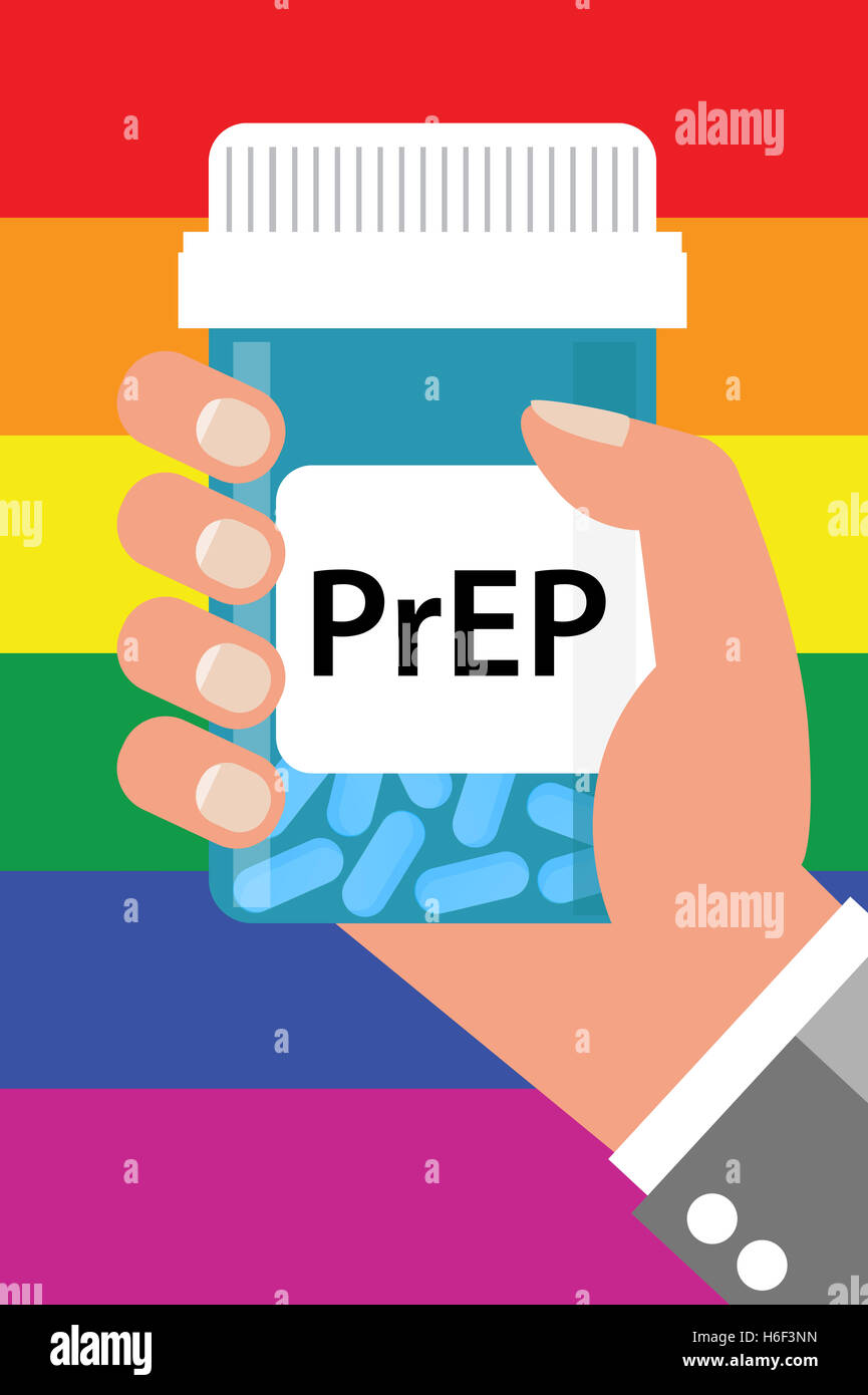 Pille Flasche über Gay Flag Label "PrEP" (Vorbelichtung Prophylaxe). PreP Behandlung wird verwendet, um zu verhindern, dass die HIV-Infektion Stockfoto