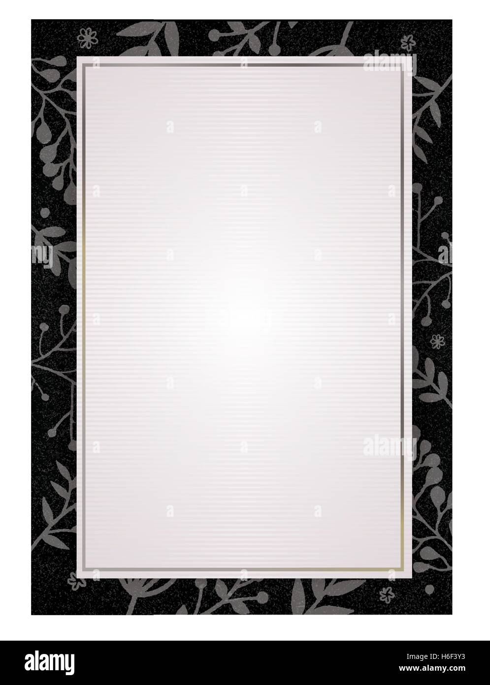 A4-Dokument Größe Weißbuch Hintergrund mit grauen Zeichnung Floren und schwarzem Rand Stock Vektor