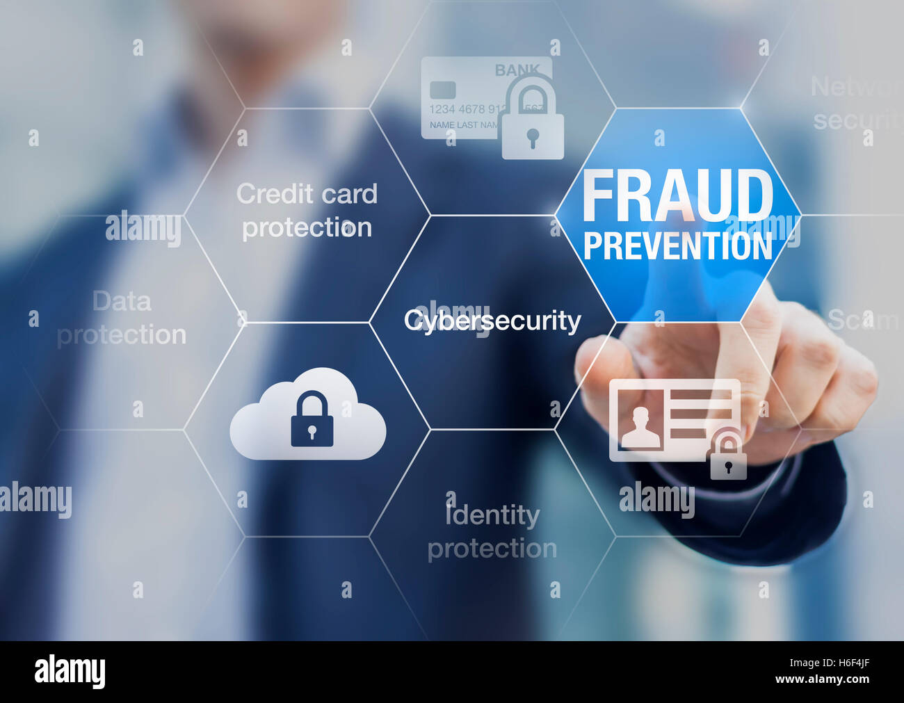 Schaltfläche "Betrug Prävention", Konzept über Cybersicherheit, Kreditkarte und Identitätsschutz gegen Cyberangriff und Online-Diebe Stockfoto